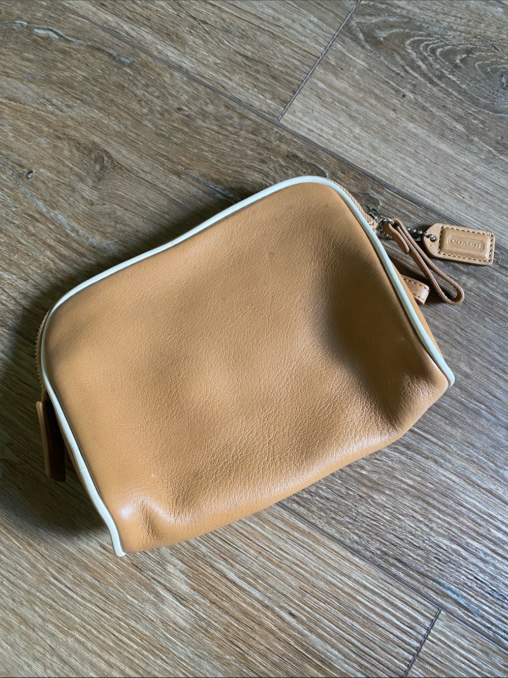 Vintage Coach Tan Leather Toiletry cosmetics bag with White Trim.